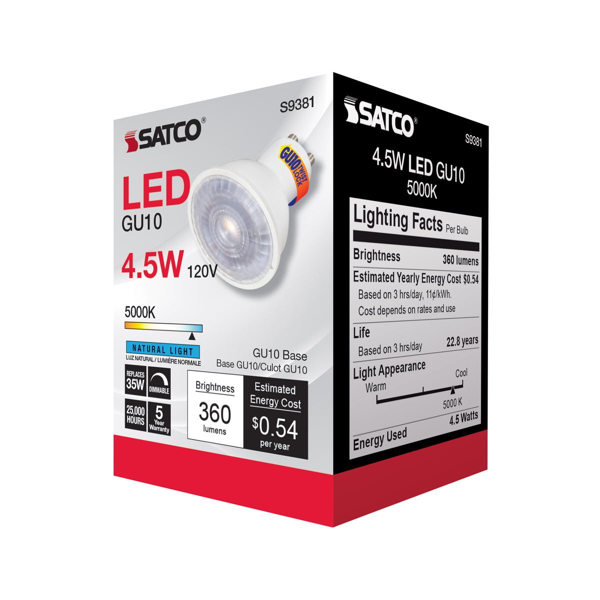 4.5 Watt - LED MR16 - 5000K - 40 deg. Beam Angle - GU10 base - 120 Volt