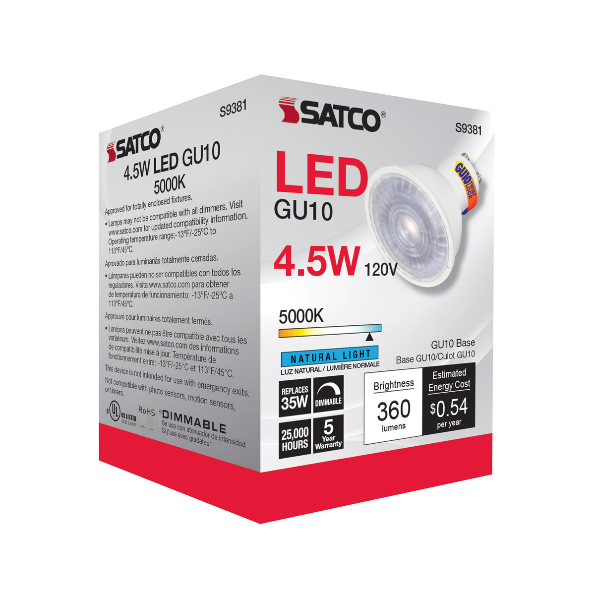 4.5 Watt - LED MR16 - 5000K - 40 deg. Beam Angle - GU10 base - 120 Volt