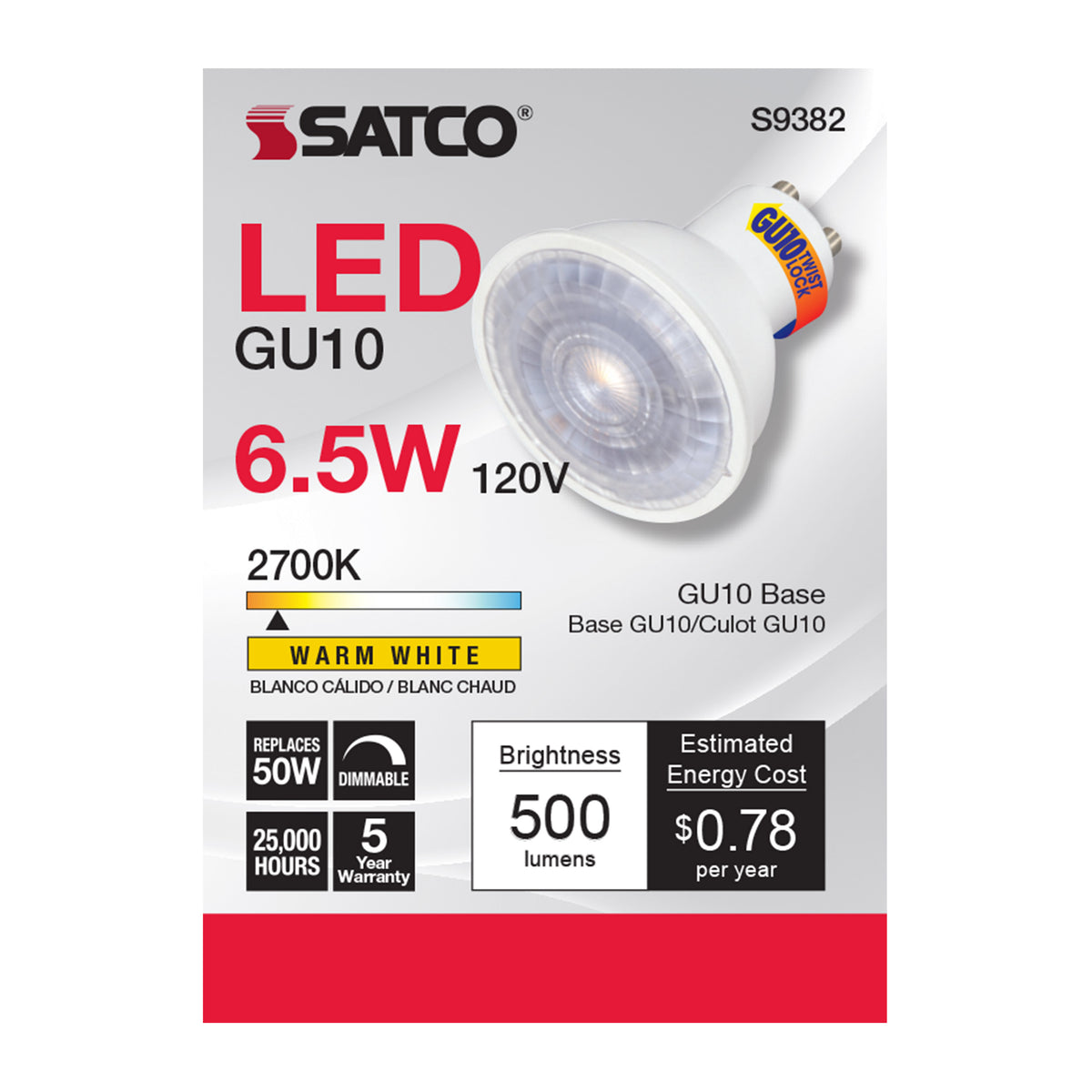 6.5 Watt - LED MR16 - 2700K - 40 deg. Beam Angle - GU10 base - 120 Volt
