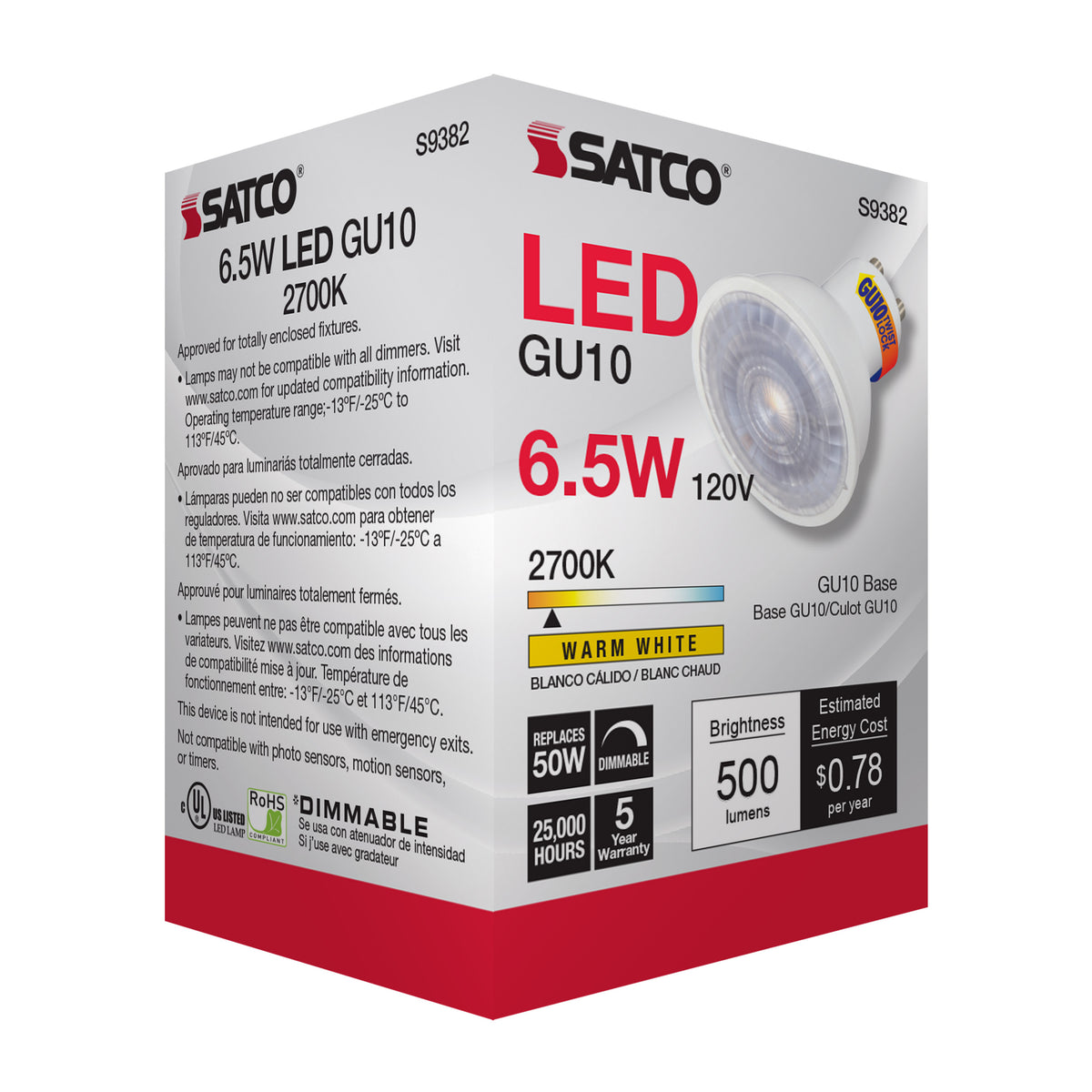 6.5 Watt - LED MR16 - 2700K - 40 deg. Beam Angle - GU10 base - 120 Volt