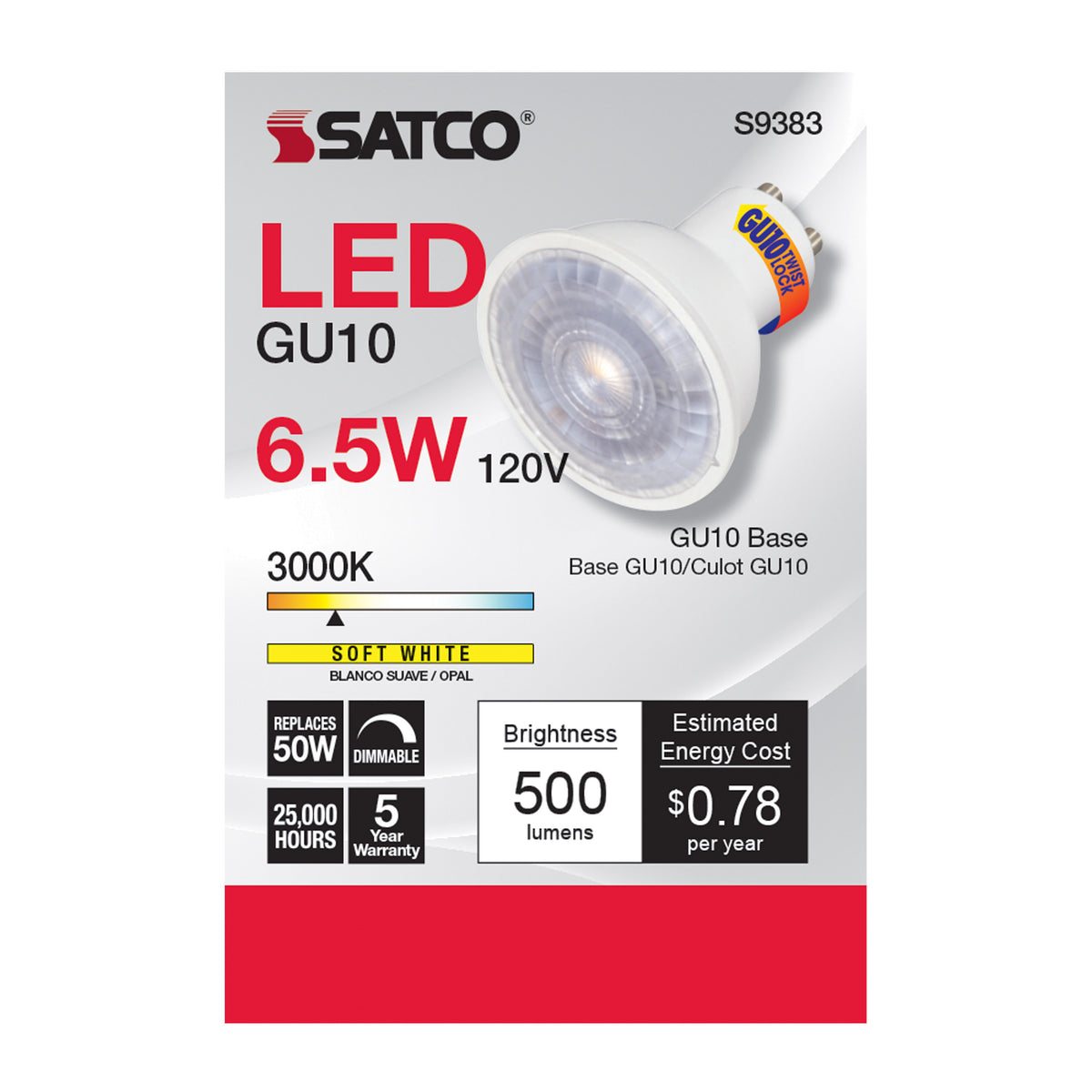 6.5 Watt - LED MR16 - 3000K - 40 deg. Beam Angle - GU10 base - 120 Volt