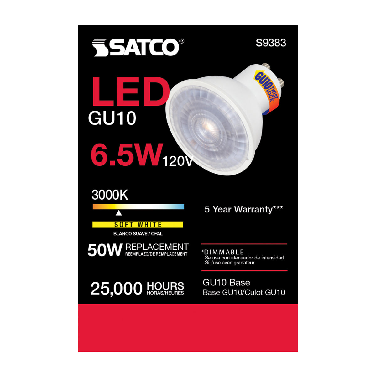 6.5 Watt - LED MR16 - 3000K - 40 deg. Beam Angle - GU10 base - 120 Volt