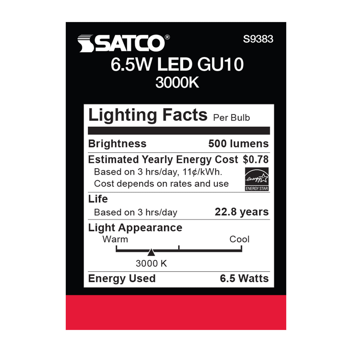 6.5 Watt - LED MR16 - 3000K - 40 deg. Beam Angle - GU10 base - 120 Volt