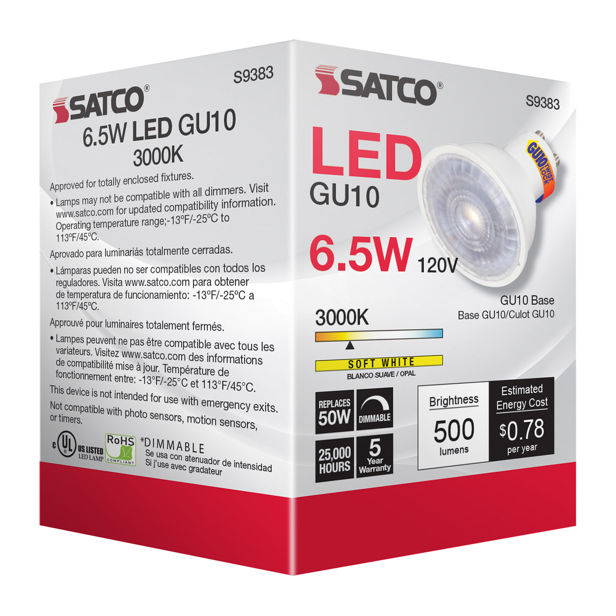 6.5 Watt - LED MR16 - 3000K - 40 deg. Beam Angle - GU10 base - 120 Volt