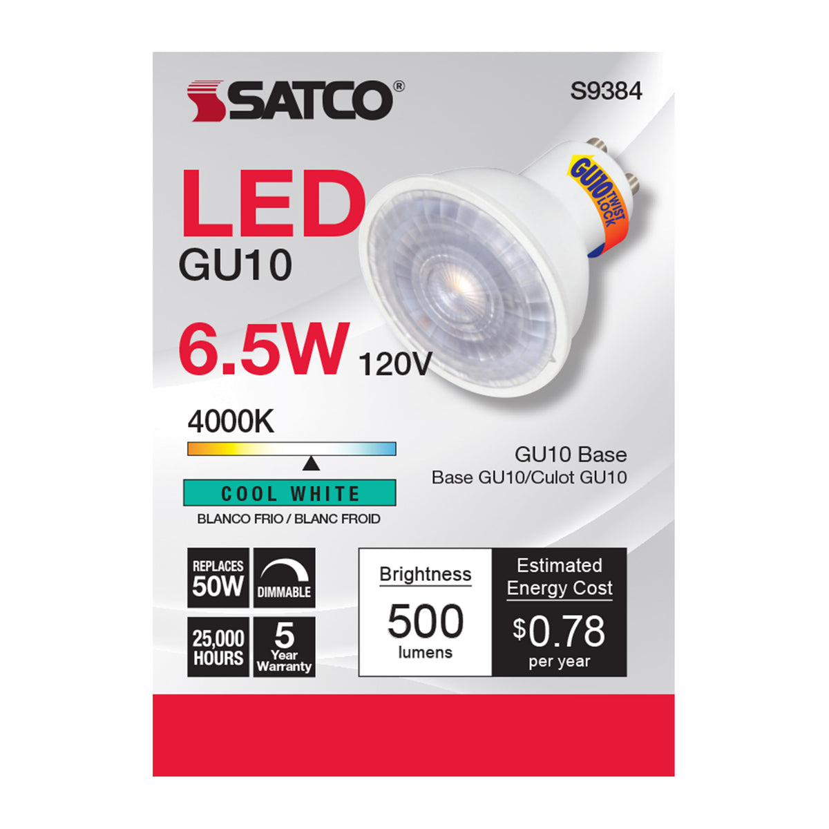 6.5 Watt - LED MR16 - 4000K - 40 deg. Beam Angle - GU10 base - 120 Volt