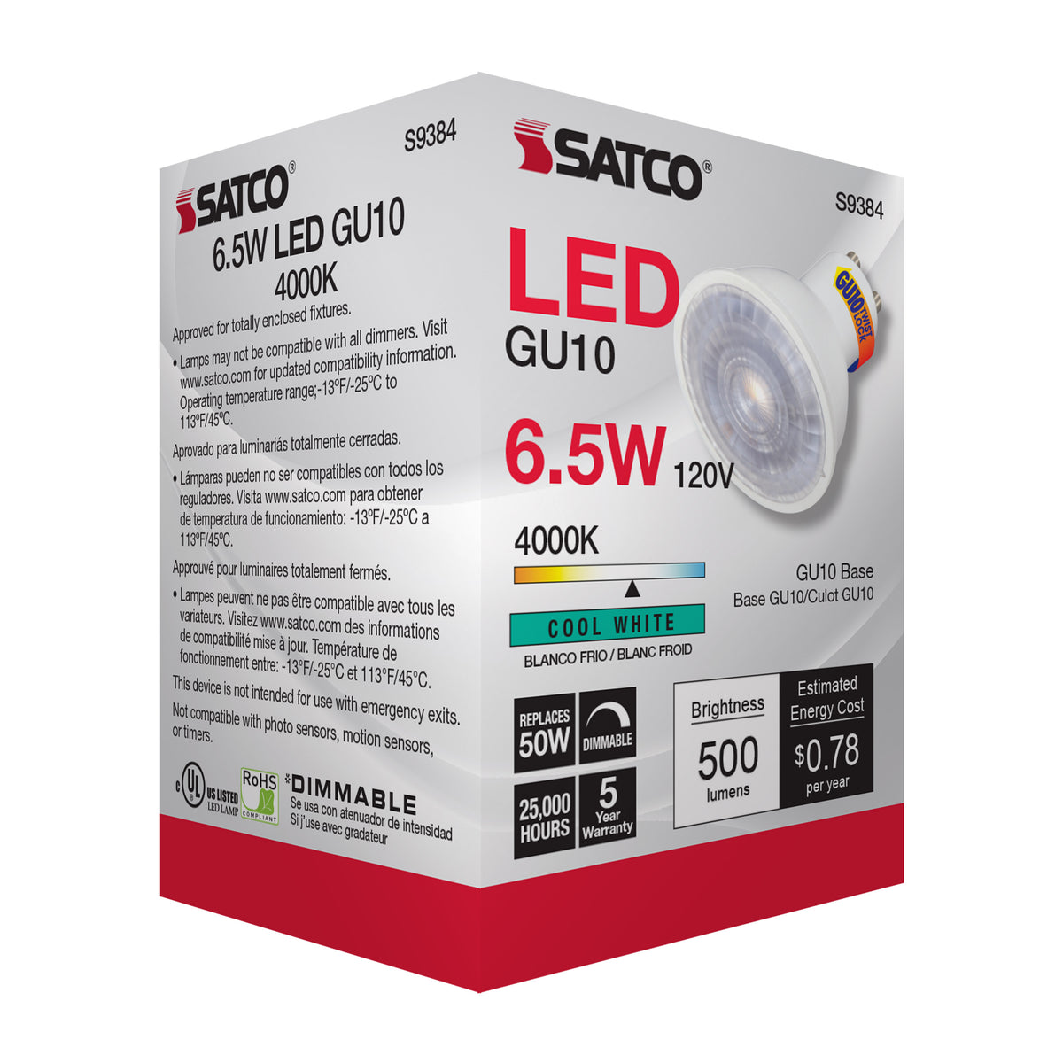 6.5 Watt - LED MR16 - 4000K - 40 deg. Beam Angle - GU10 base - 120 Volt