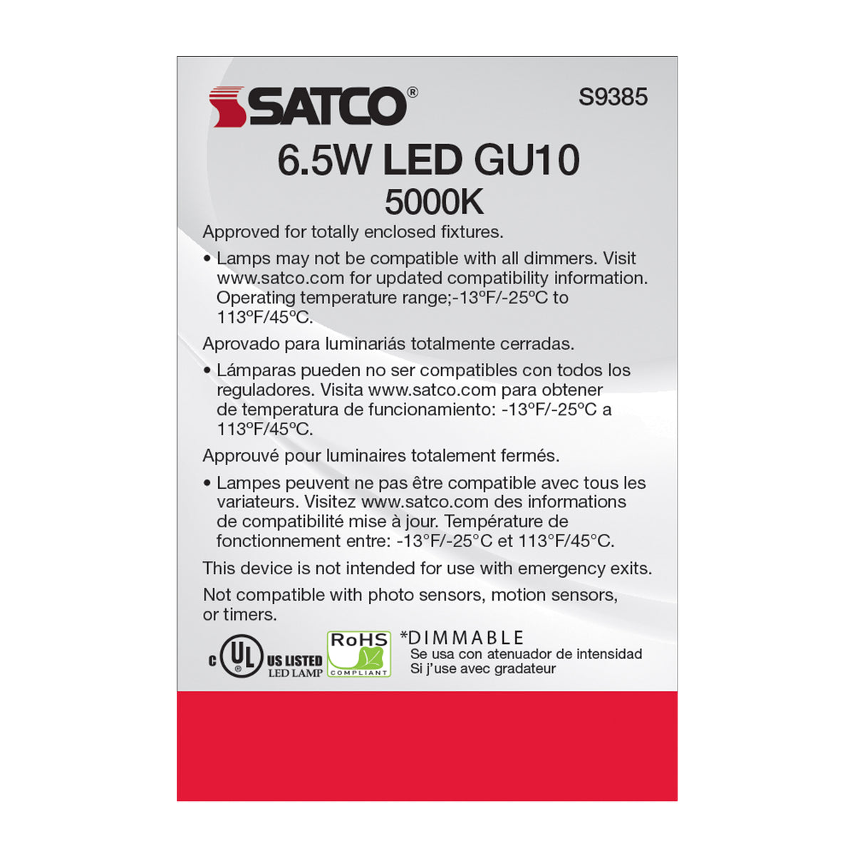 6.5 Watt - LED MR16 - 5000K - 40 deg. Beam Angle - GU10 base - 120 Volt