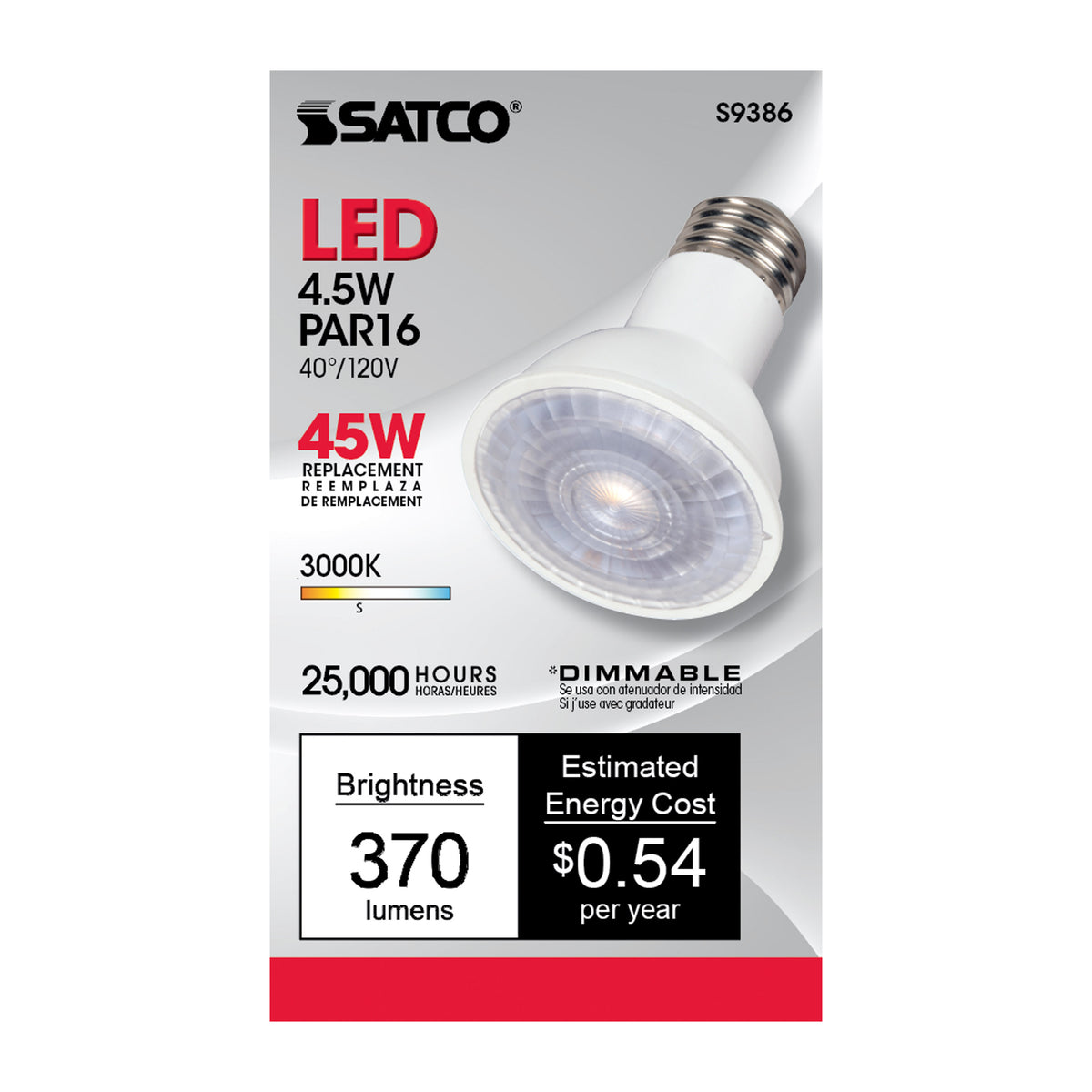 4.5 Watt PAR16 LED - 3000K - 40 deg. Beam Angle - Medium base - 120 Volt