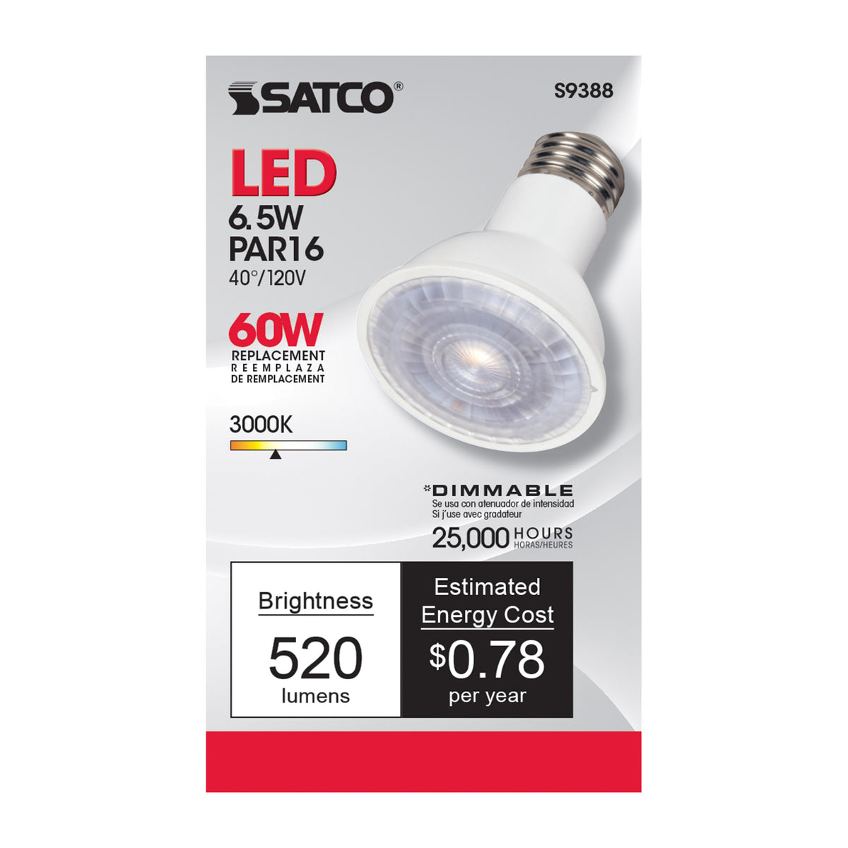 6.5 Watt PAR16 LED - 3000K - 40 deg. Beam Angle - Medium base - 120 Volt