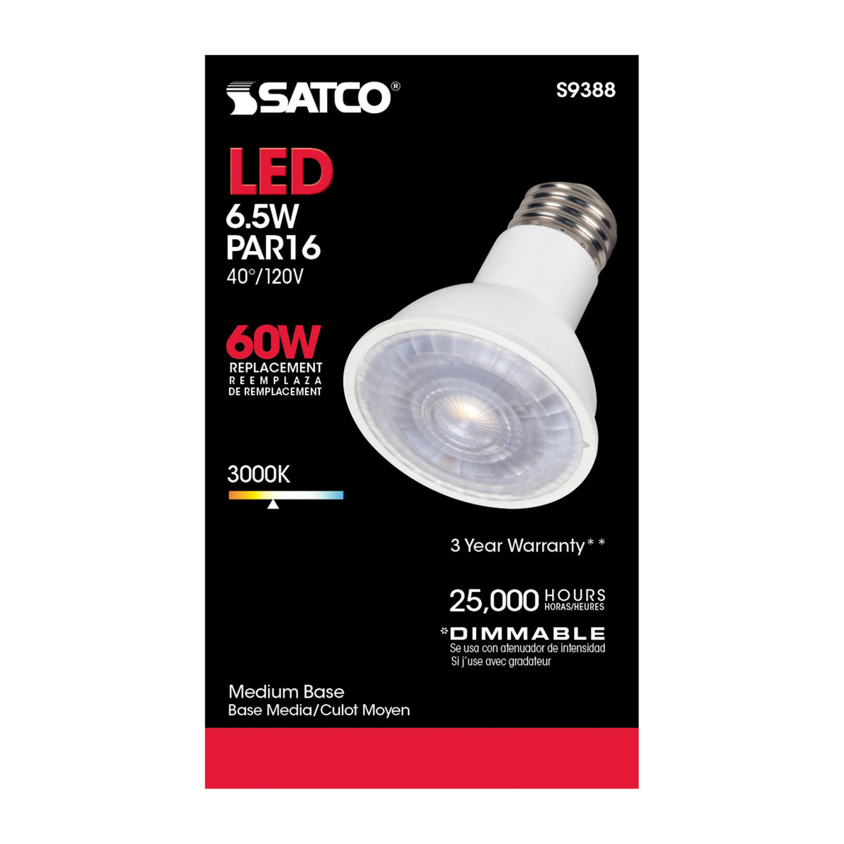6.5 Watt PAR16 LED - 3000K - 40 deg. Beam Angle - Medium base - 120 Volt