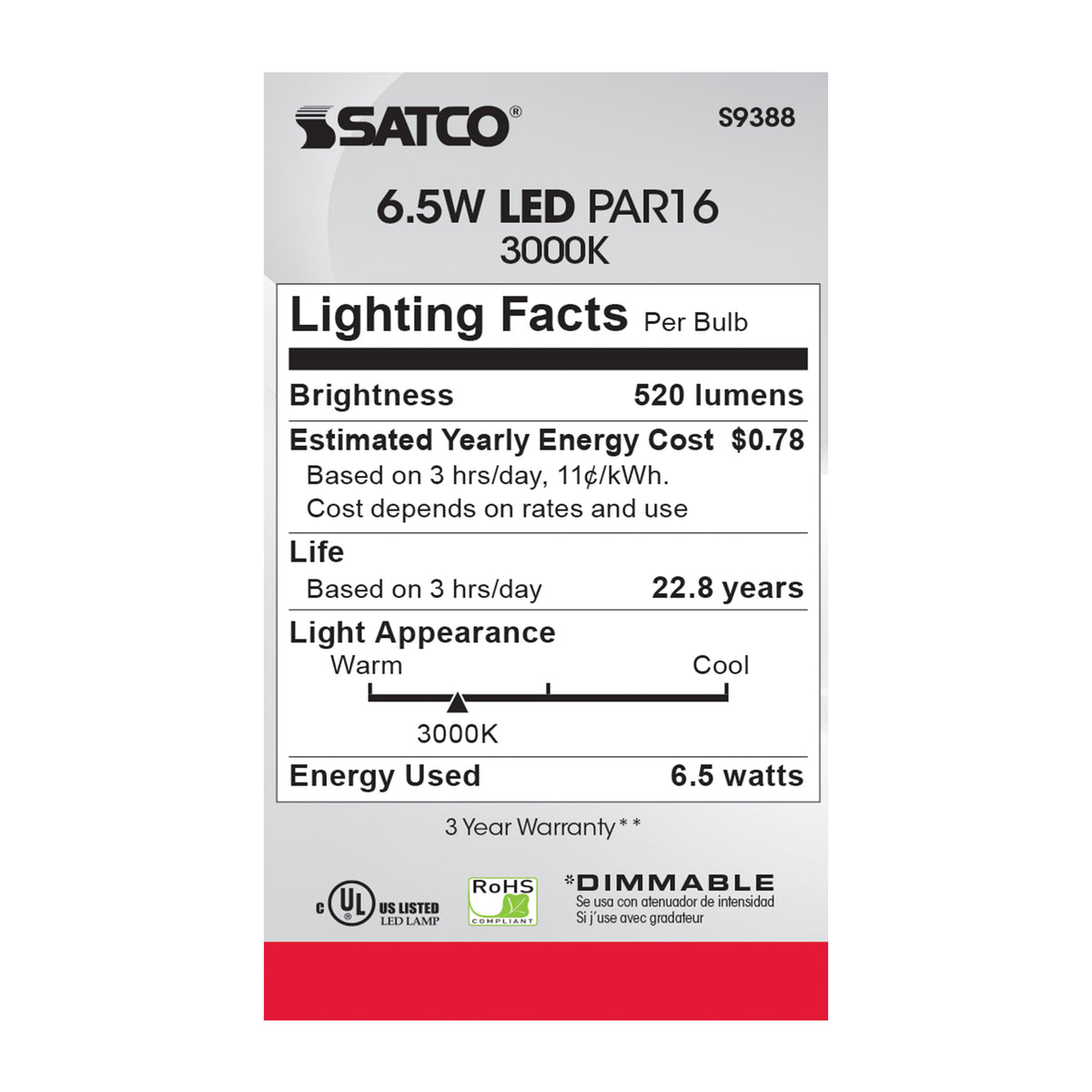 6.5 Watt PAR16 LED - 3000K - 40 deg. Beam Angle - Medium base - 120 Volt