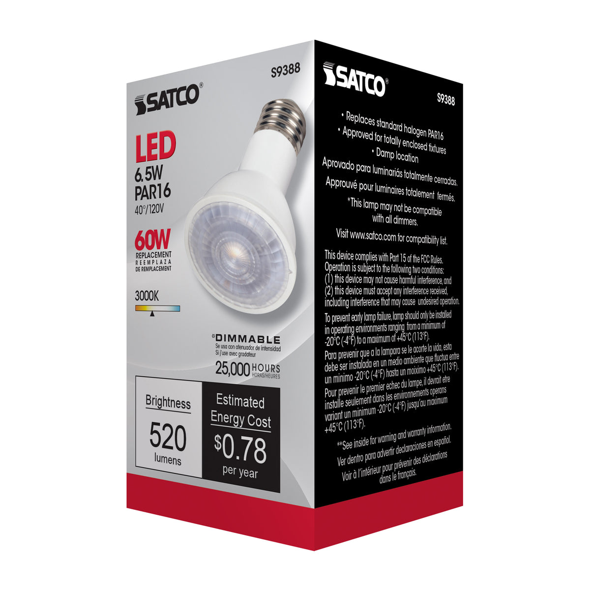 6.5 Watt PAR16 LED - 3000K - 40 deg. Beam Angle - Medium base - 120 Volt