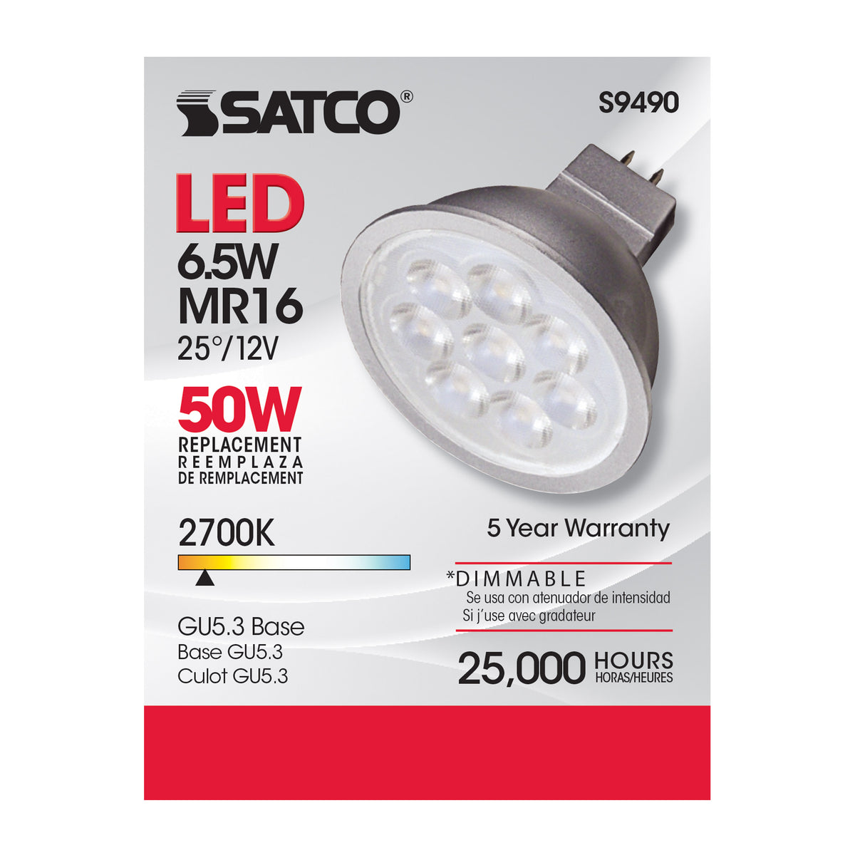 6.5 Watt - LED MR16 LED - 2700K - 25 deg. Beam Angle - GU5.3 base - 12 Volt AC/DC
