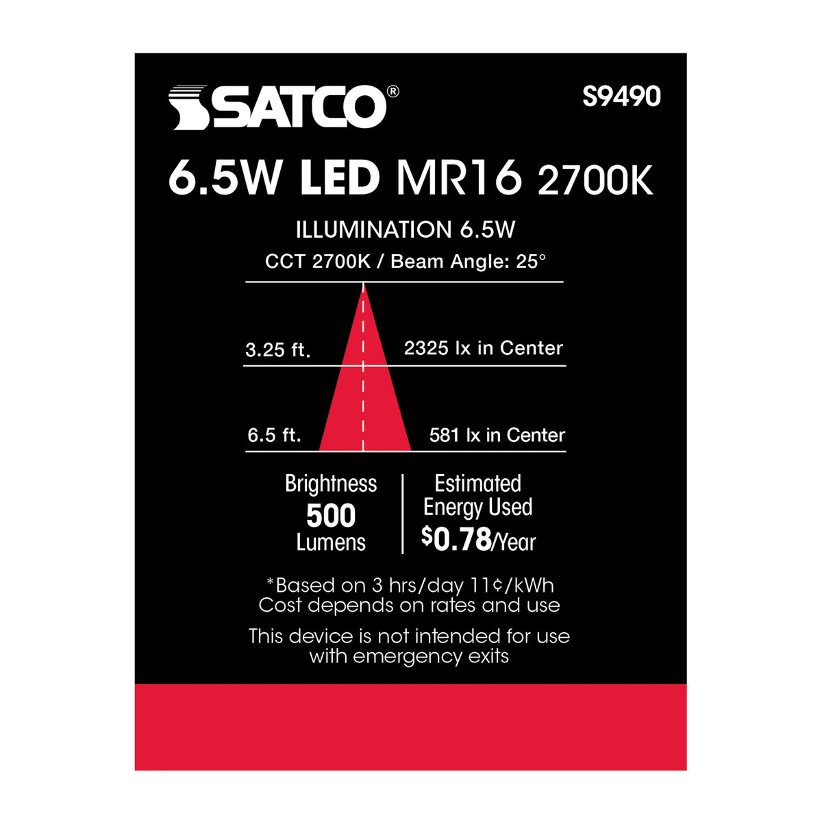 6.5 Watt - LED MR16 LED - 2700K - 25 deg. Beam Angle - GU5.3 base - 12 Volt AC/DC