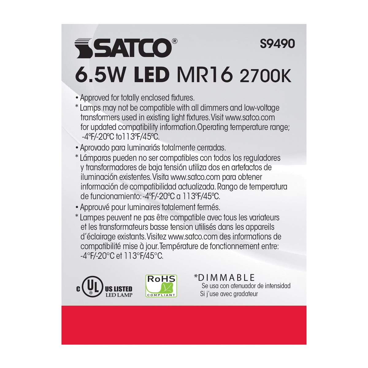 6.5 Watt - LED MR16 LED - 2700K - 25 deg. Beam Angle - GU5.3 base - 12 Volt AC/DC