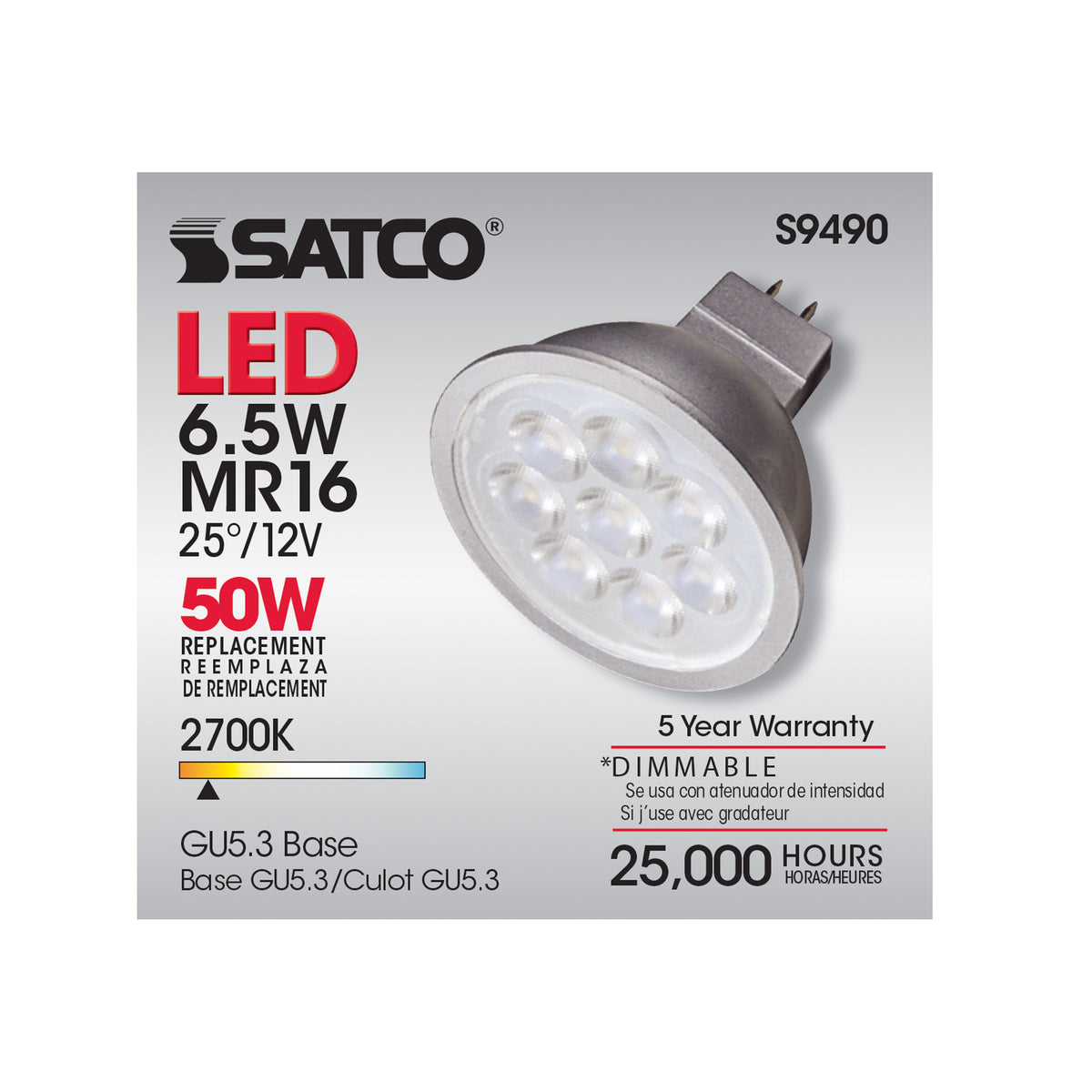 6.5 Watt - LED MR16 LED - 2700K - 25 deg. Beam Angle - GU5.3 base - 12 Volt AC/DC