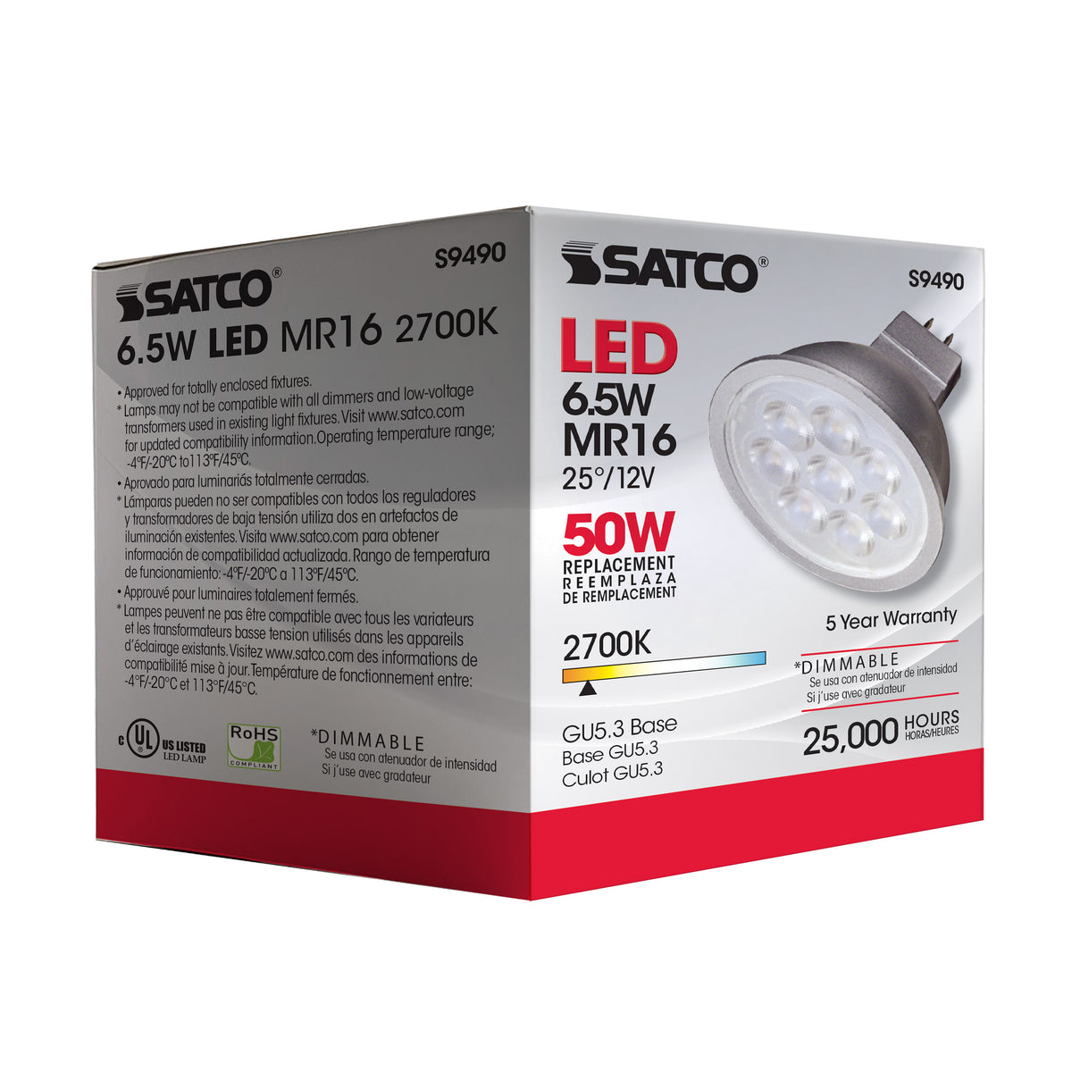 6.5 Watt - LED MR16 LED - 2700K - 25 deg. Beam Angle - GU5.3 base - 12 Volt AC/DC