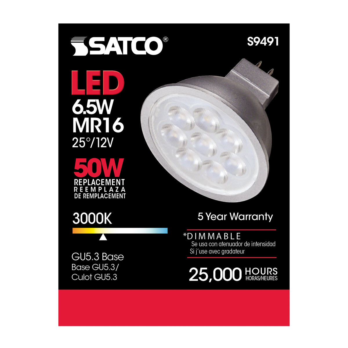 6.5 Watt - LED MR16 LED - 3000K - 25 deg. Beam Angle - GU5.3 base - 12 Volt AC/DC