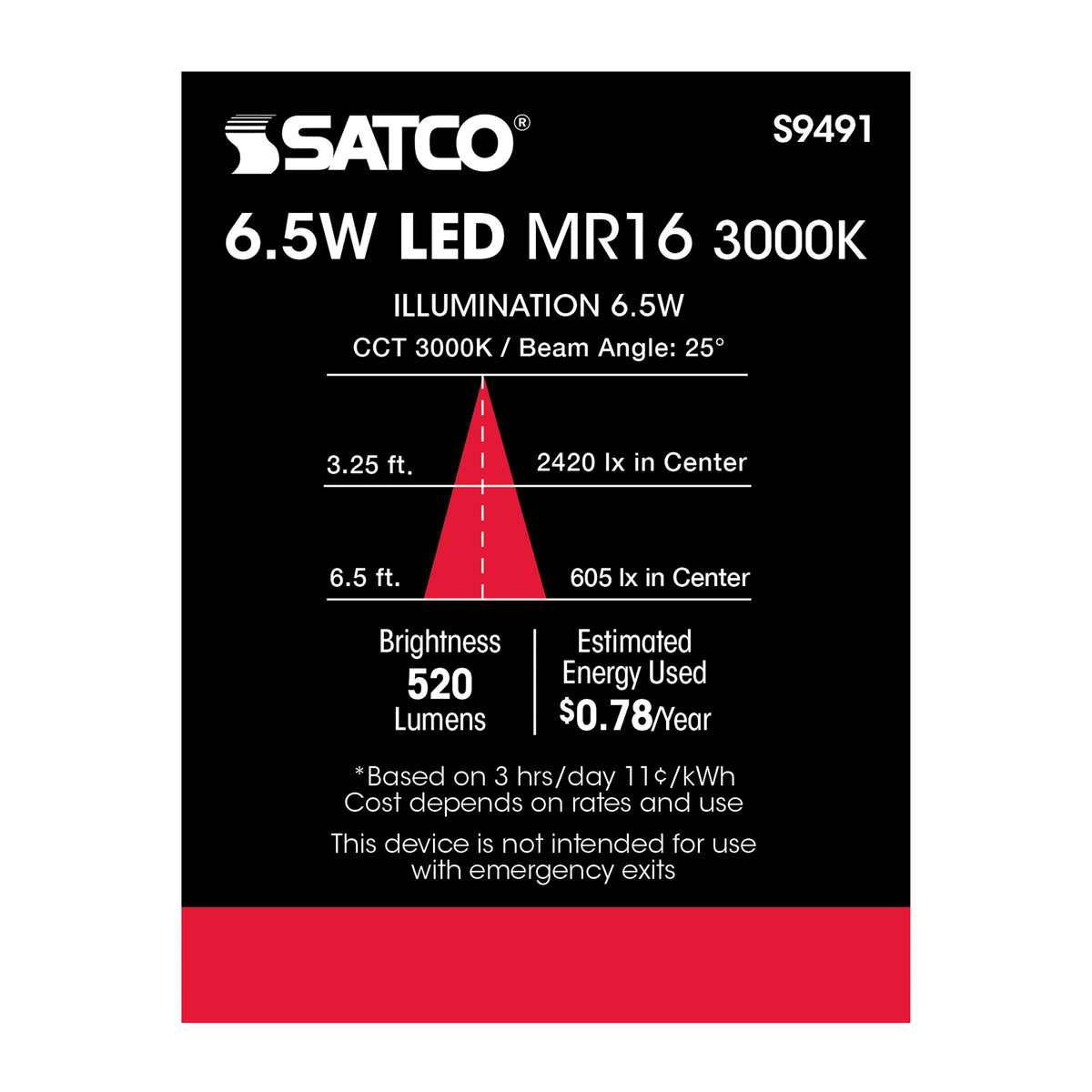 6.5 Watt - LED MR16 LED - 3000K - 25 deg. Beam Angle - GU5.3 base - 12 Volt AC/DC