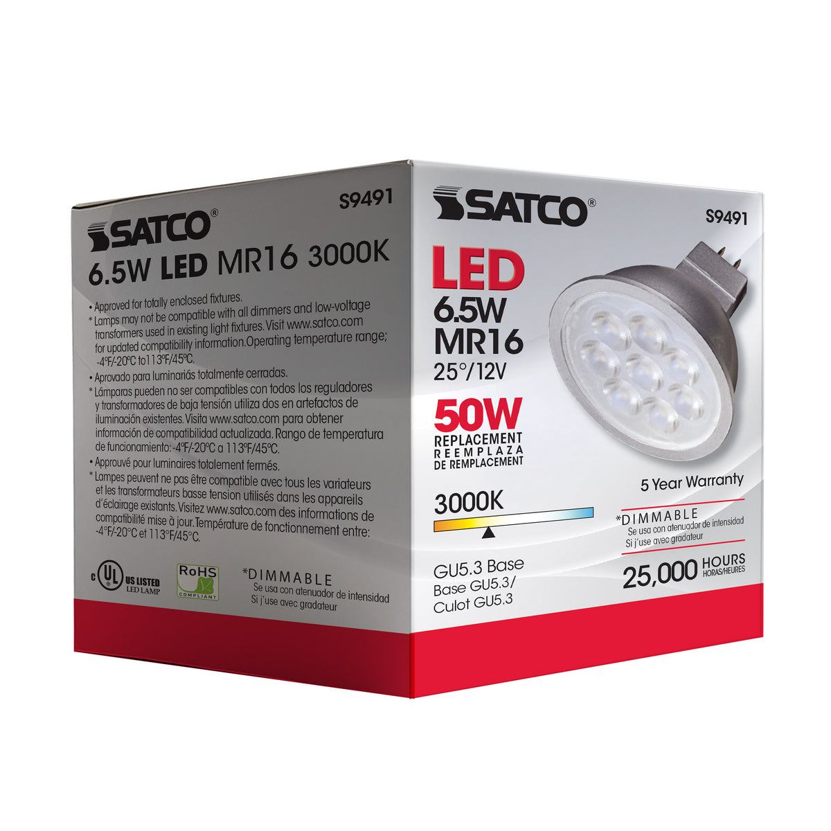 6.5 Watt - LED MR16 LED - 3000K - 25 deg. Beam Angle - GU5.3 base - 12 Volt AC/DC