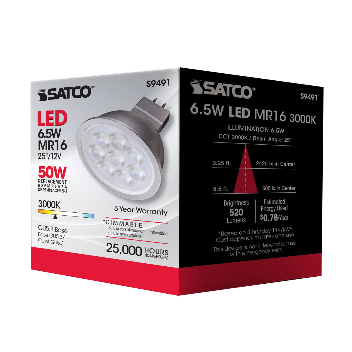6.5 Watt - LED MR16 LED - 3000K - 25 deg. Beam Angle - GU5.3 base - 12 Volt AC/DC