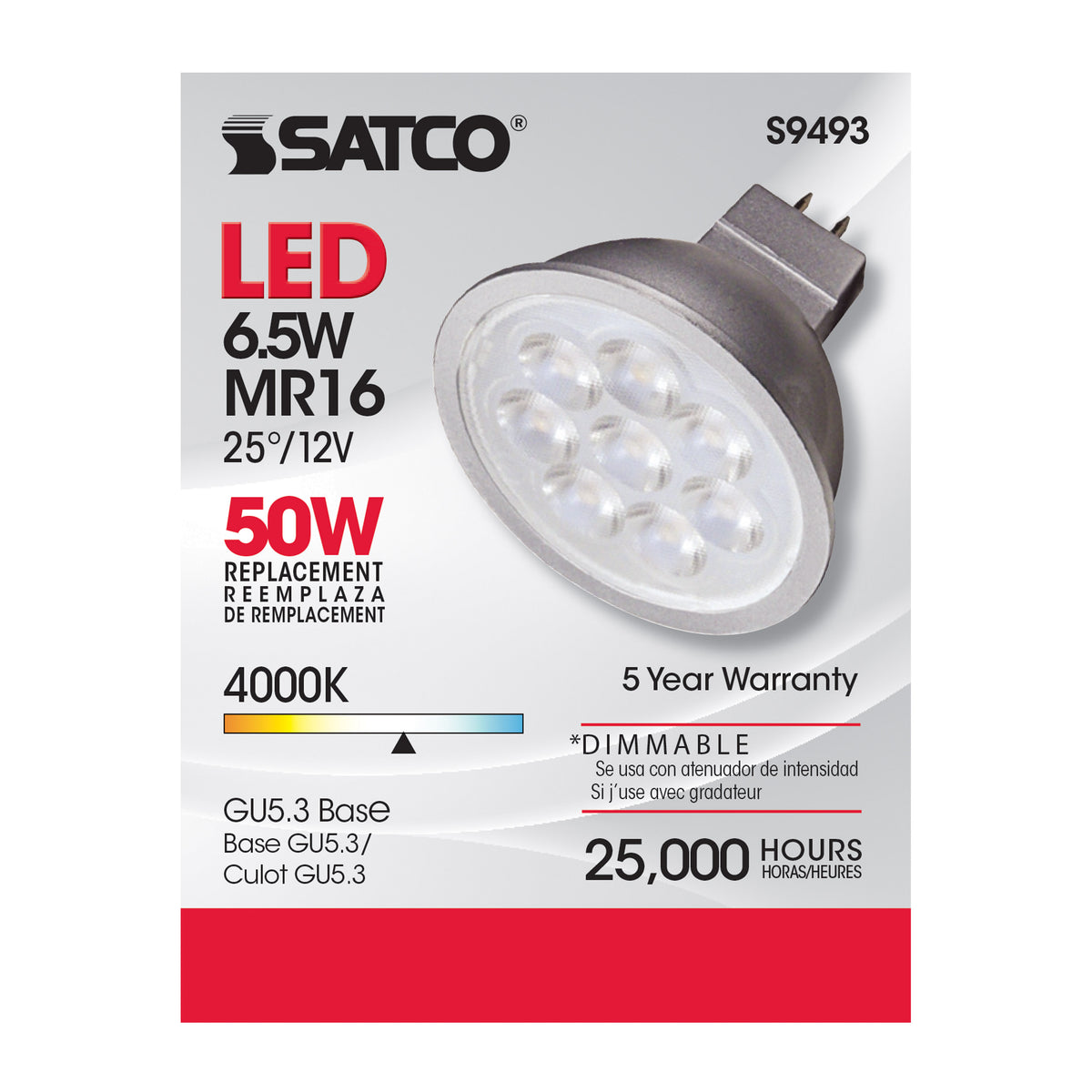 6.5 Watt - LED MR16 LED - 4000K - 25 deg. Beam Angle - GU5.3 base - 12 Volt AC/DC