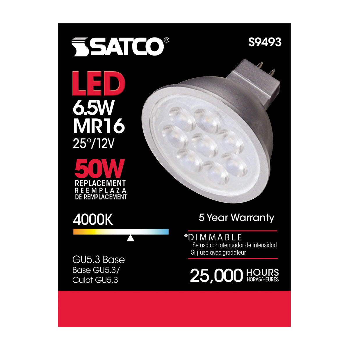 6.5 Watt - LED MR16 LED - 4000K - 25 deg. Beam Angle - GU5.3 base - 12 Volt AC/DC