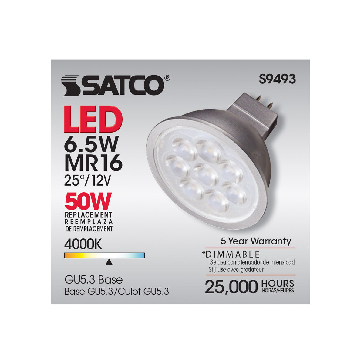 6.5 Watt - LED MR16 LED - 4000K - 25 deg. Beam Angle - GU5.3 base - 12 Volt AC/DC