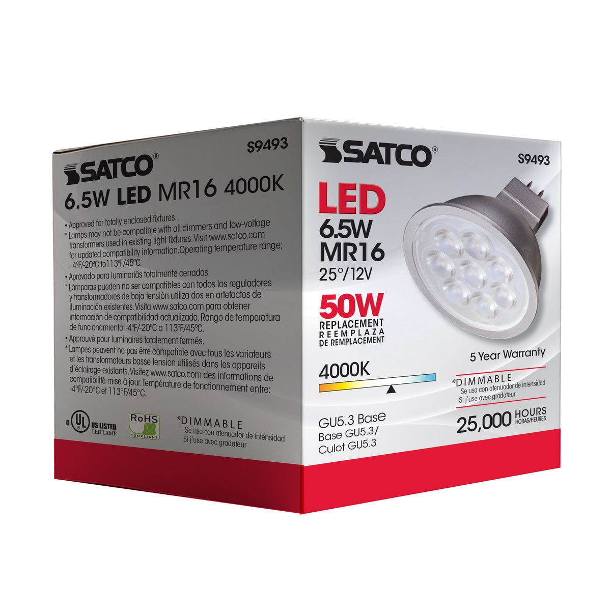 6.5 Watt - LED MR16 LED - 4000K - 25 deg. Beam Angle - GU5.3 base - 12 Volt AC/DC