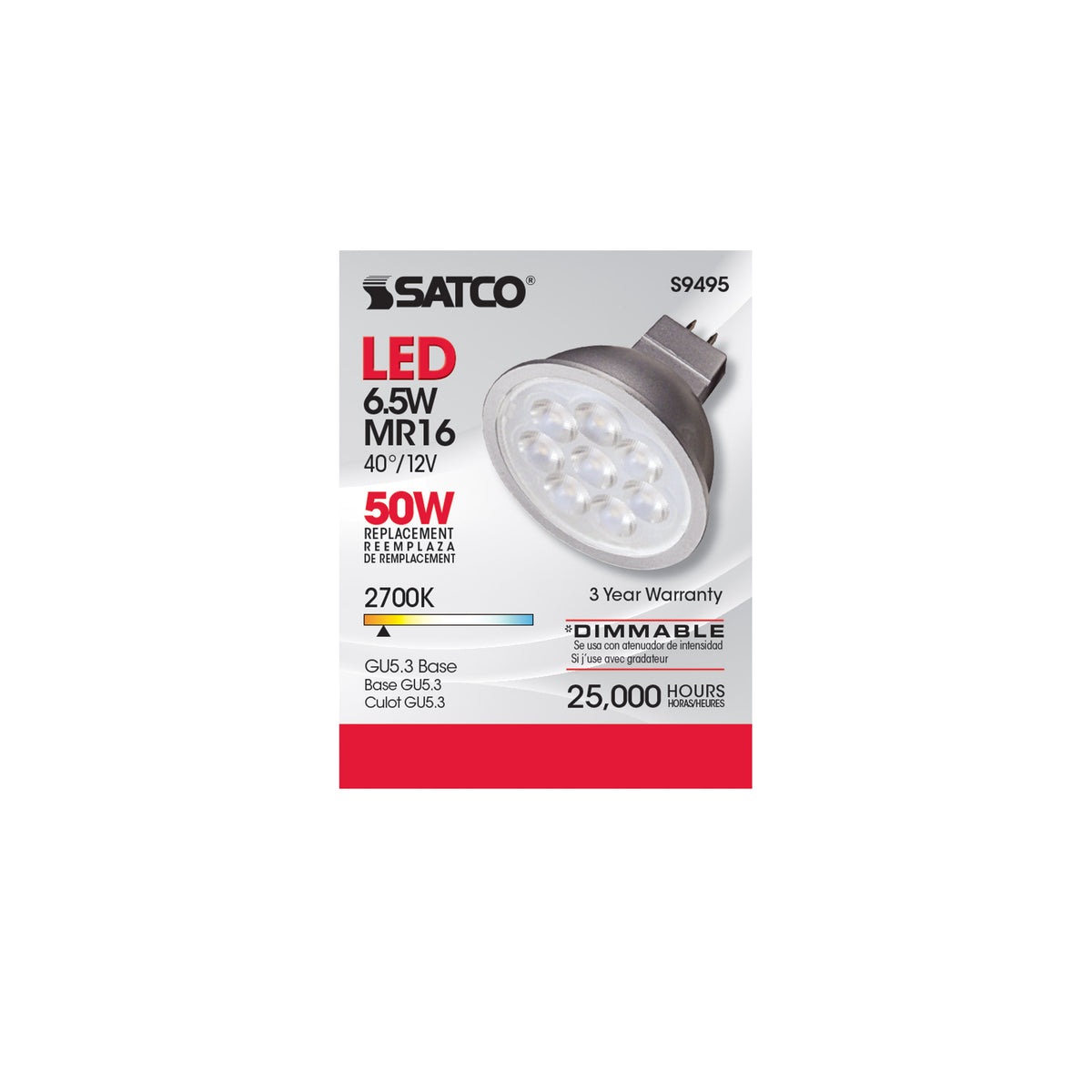 6.5 Watt - LED MR16 LED - 2700K - 40 deg. Beam Angle - GU5.3 base - 12 Volt AC/DC