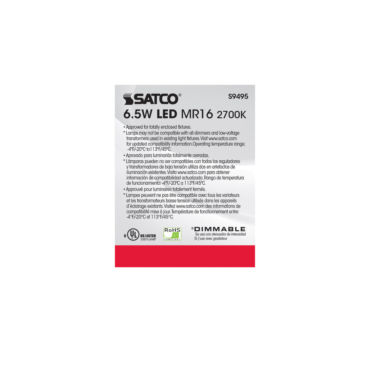 6.5 Watt - LED MR16 LED - 2700K - 40 deg. Beam Angle - GU5.3 base - 12 Volt AC/DC