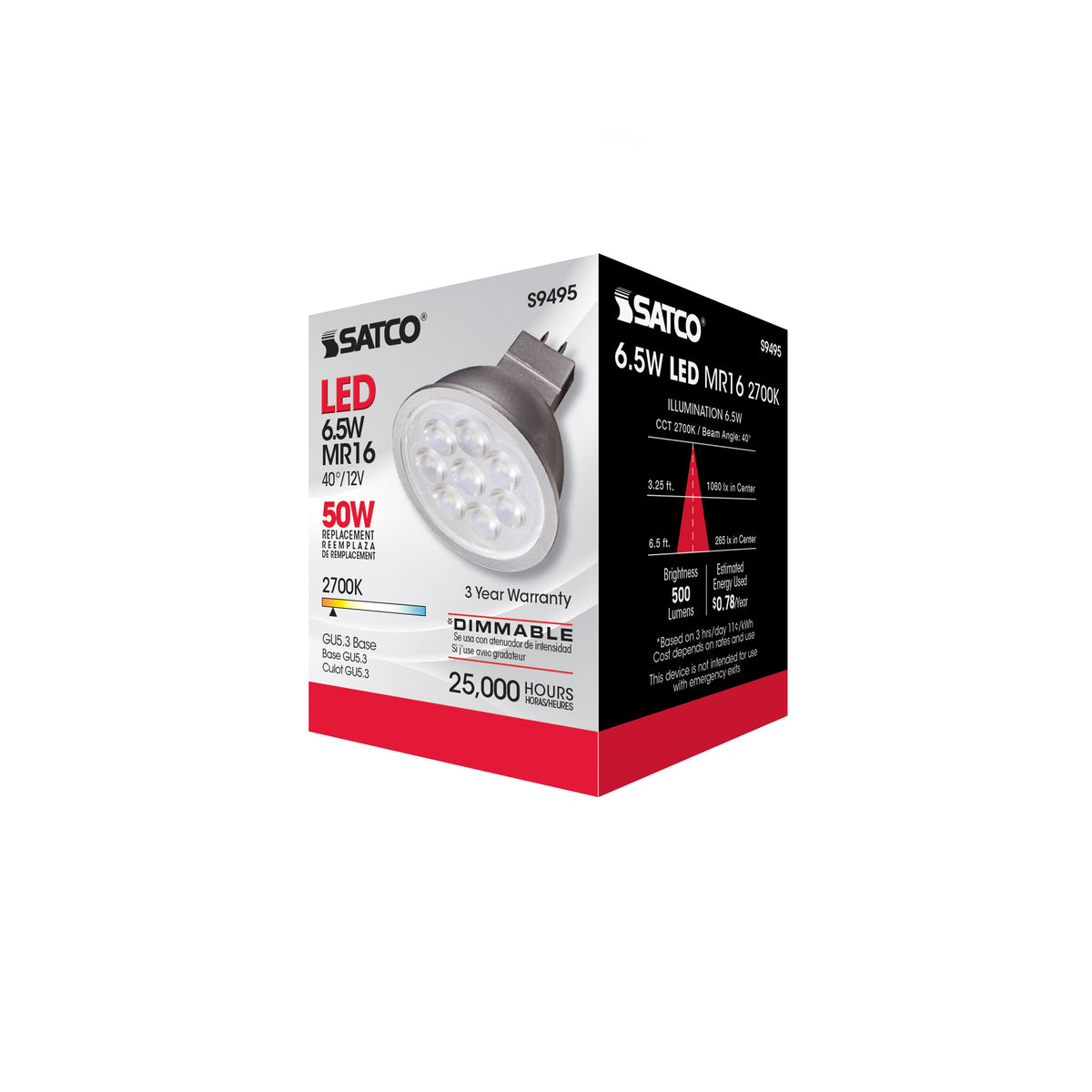6.5 Watt - LED MR16 LED - 2700K - 40 deg. Beam Angle - GU5.3 base - 12 Volt AC/DC