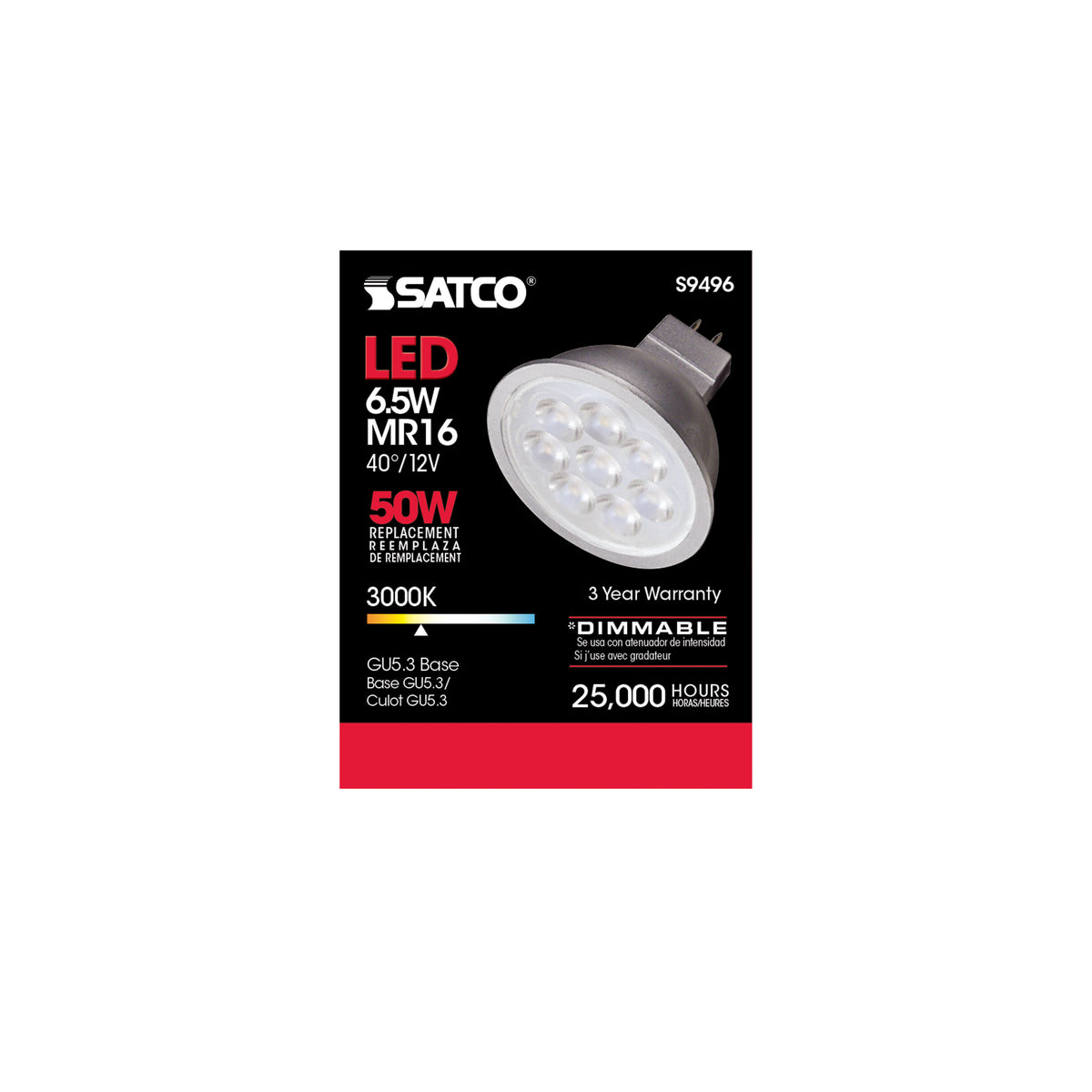 6.5 Watt - LED MR16 LED - 3000K - 40 deg. Beam Angle - GU5.3 base - 12 Volt AC/DC