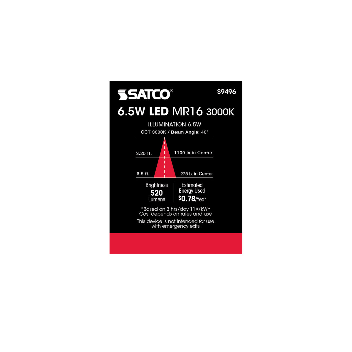 6.5 Watt - LED MR16 LED - 3000K - 40 deg. Beam Angle - GU5.3 base - 12 Volt AC/DC