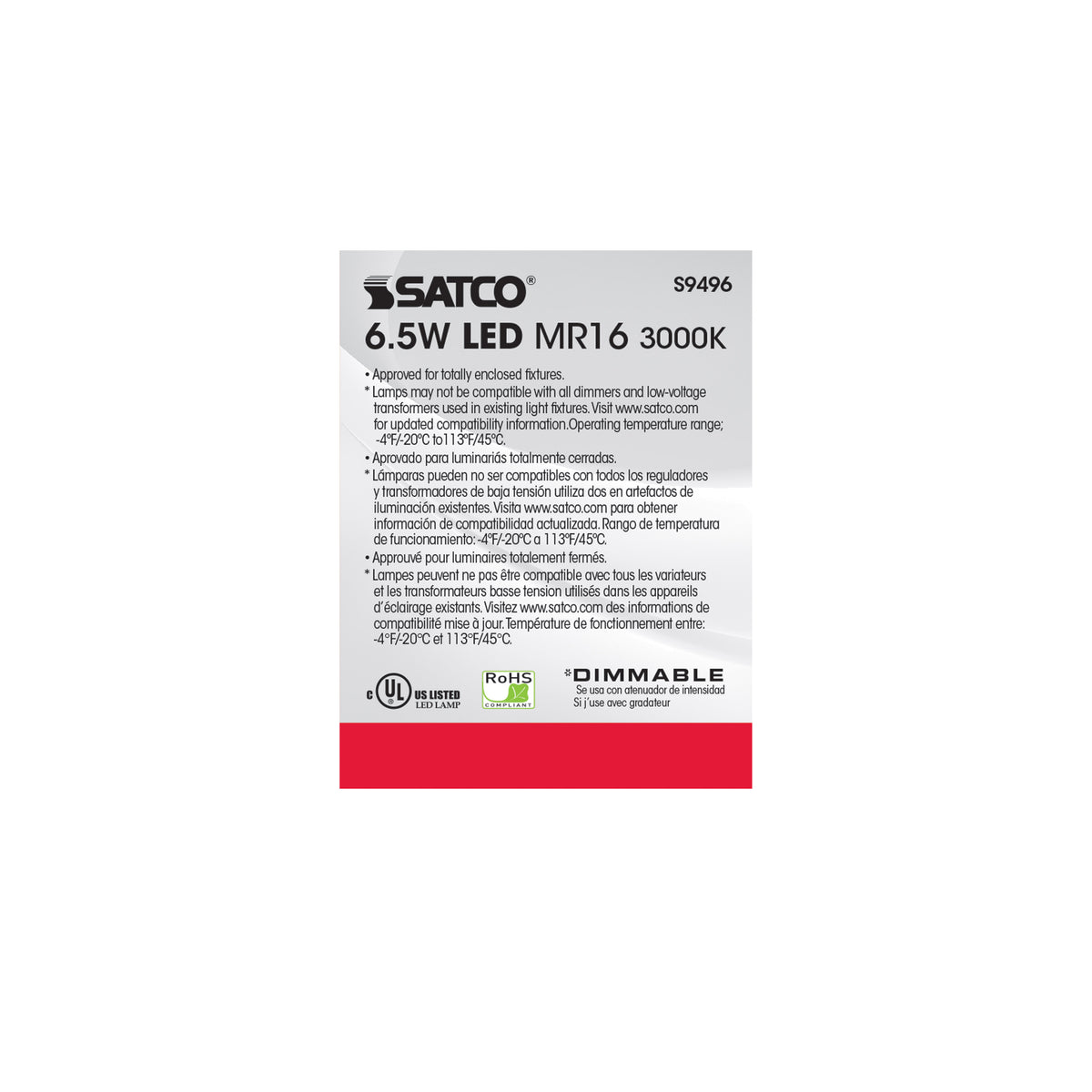 6.5 Watt - LED MR16 LED - 3000K - 40 deg. Beam Angle - GU5.3 base - 12 Volt AC/DC