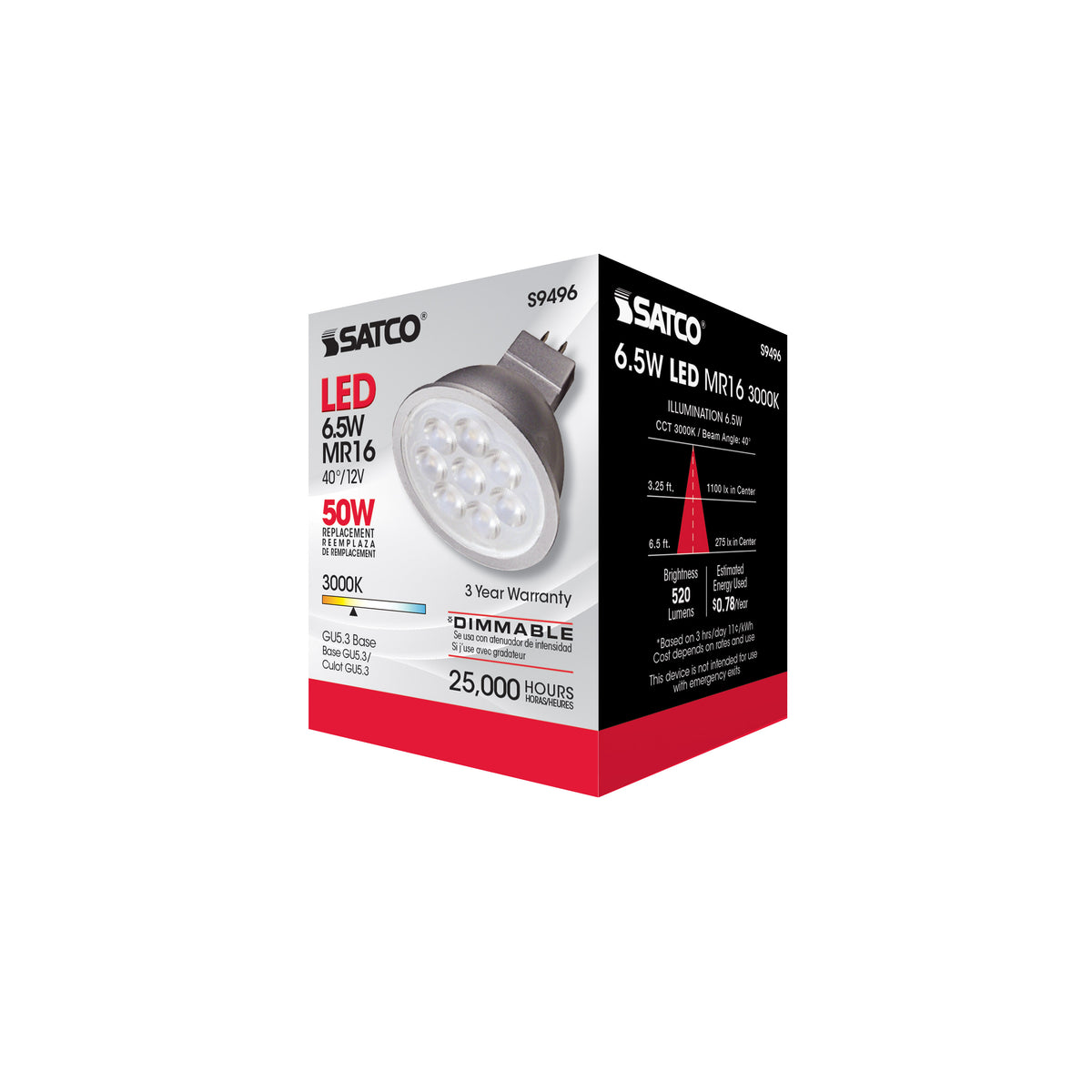 6.5 Watt - LED MR16 LED - 3000K - 40 deg. Beam Angle - GU5.3 base - 12 Volt AC/DC