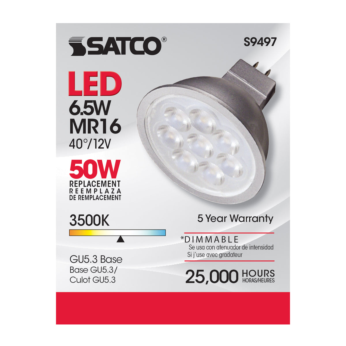 6.5 Watt - LED MR16 LED - 3500K - 40 deg. Beam Angle - GU5.3 base - 12 Volt AC/DC