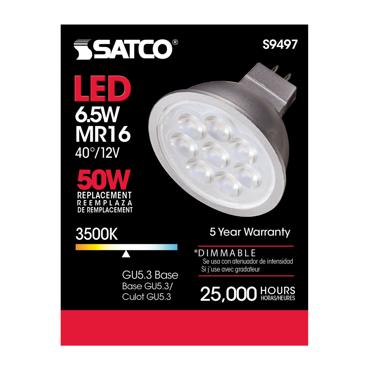 6.5 Watt - LED MR16 LED - 3500K - 40 deg. Beam Angle - GU5.3 base - 12 Volt AC/DC