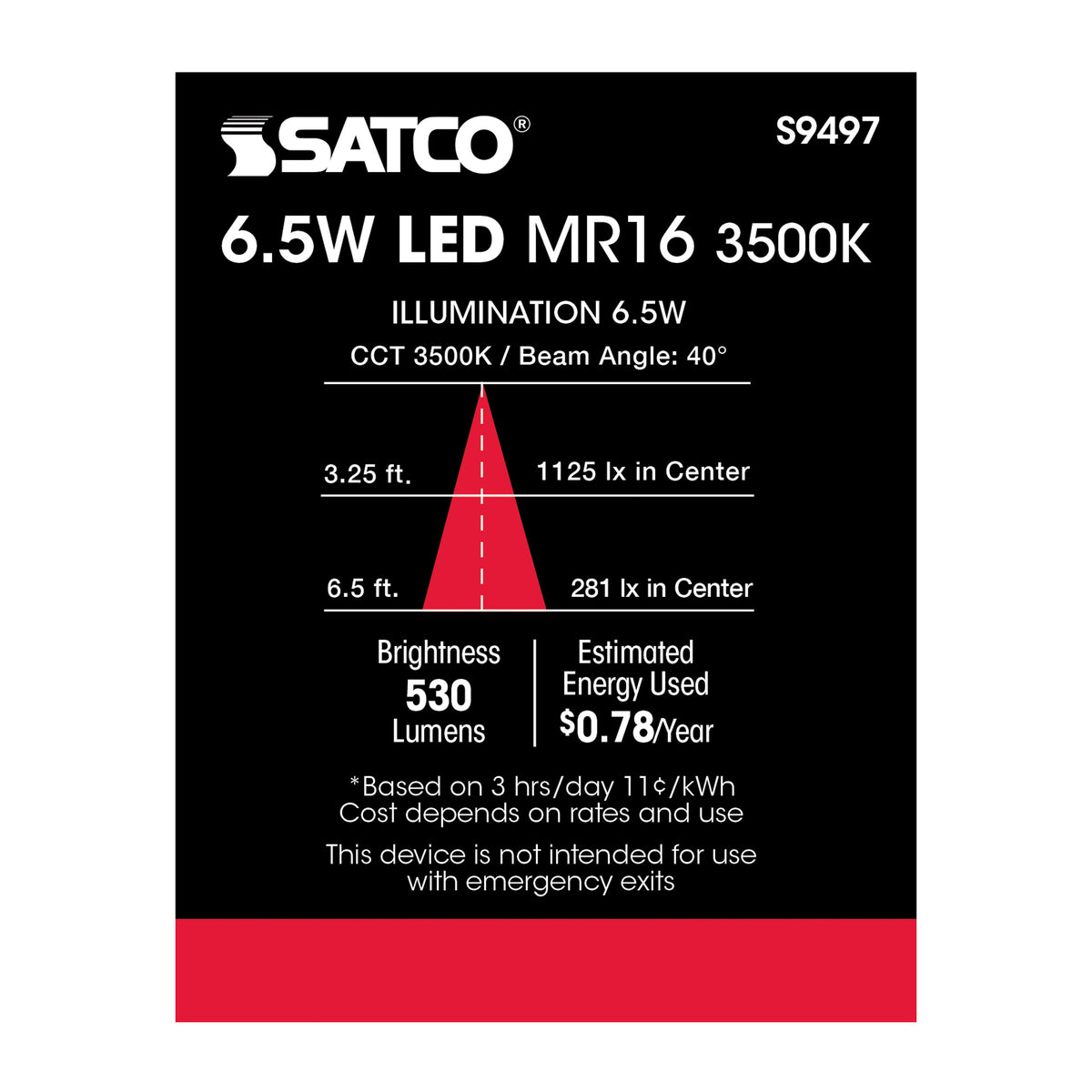 6.5 Watt - LED MR16 LED - 3500K - 40 deg. Beam Angle - GU5.3 base - 12 Volt AC/DC