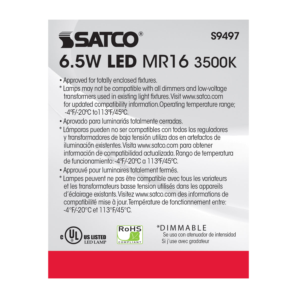 6.5 Watt - LED MR16 LED - 3500K - 40 deg. Beam Angle - GU5.3 base - 12 Volt AC/DC