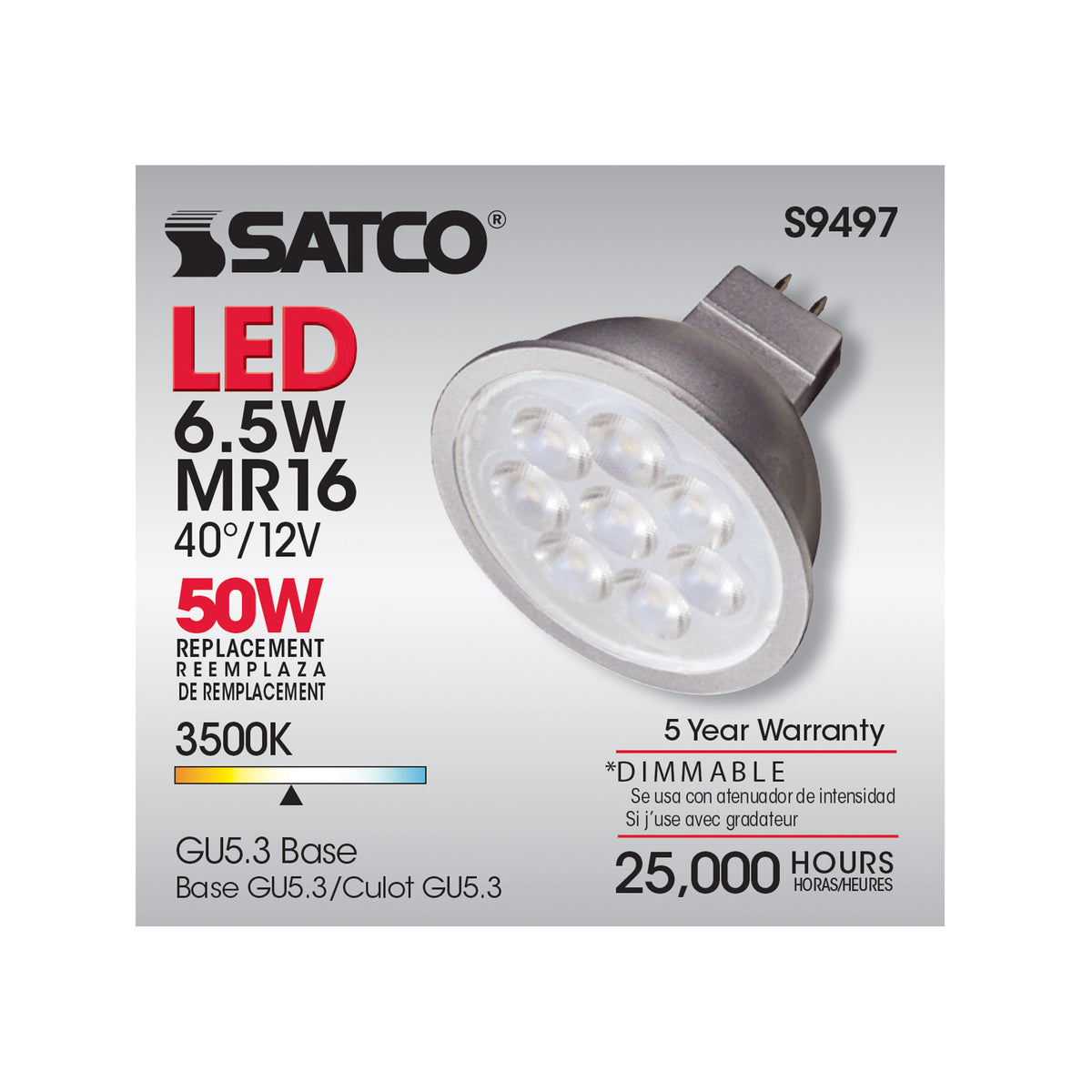 6.5 Watt - LED MR16 LED - 3500K - 40 deg. Beam Angle - GU5.3 base - 12 Volt AC/DC