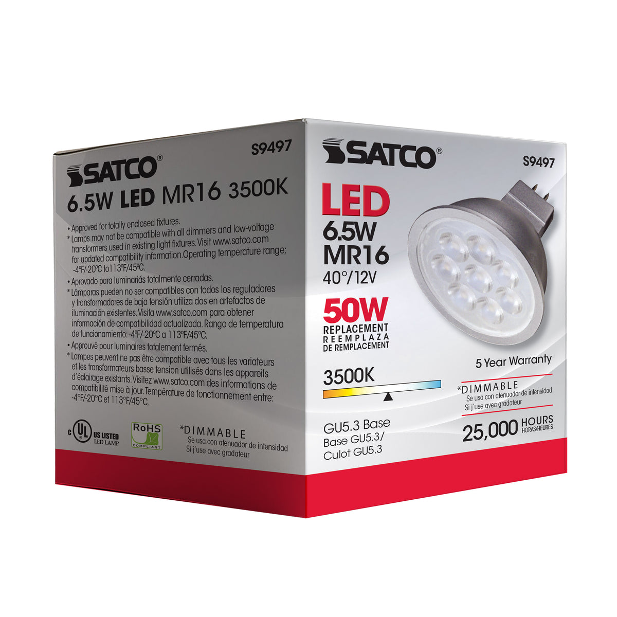 6.5 Watt - LED MR16 LED - 3500K - 40 deg. Beam Angle - GU5.3 base - 12 Volt AC/DC