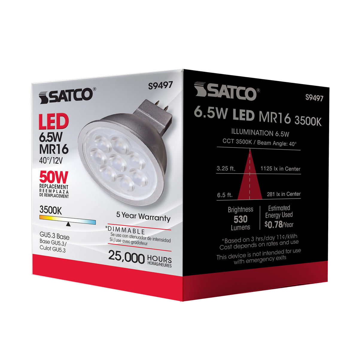 6.5 Watt - LED MR16 LED - 3500K - 40 deg. Beam Angle - GU5.3 base - 12 Volt AC/DC