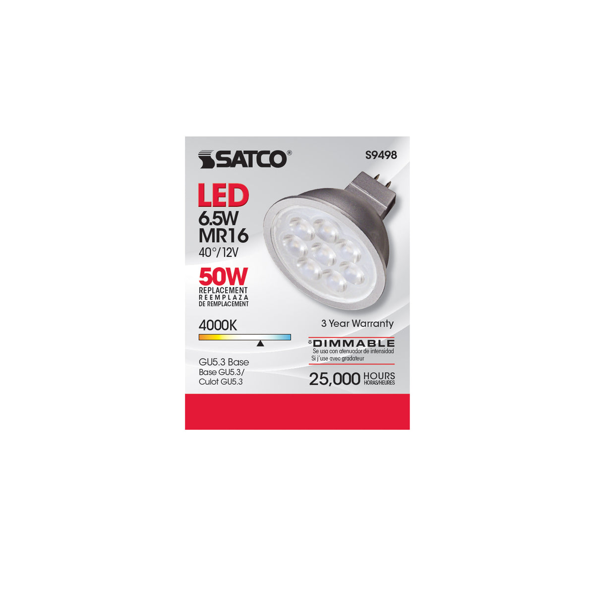 6.5 Watt - LED MR16 LED - 4000K - 40 deg. Beam Angle - GU5.3 base - 12 Volt AC/DC
