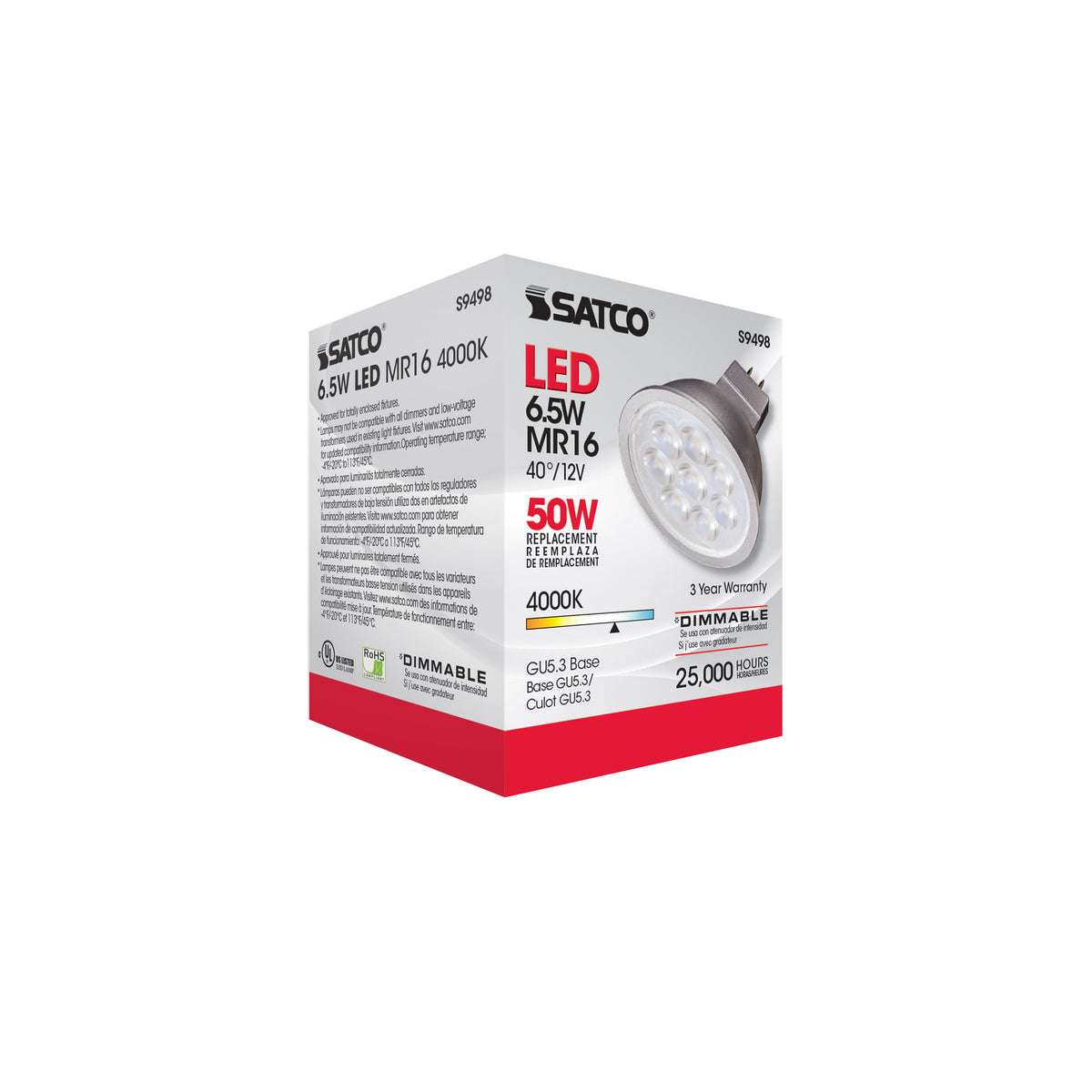 6.5 Watt - LED MR16 LED - 4000K - 40 deg. Beam Angle - GU5.3 base - 12 Volt AC/DC