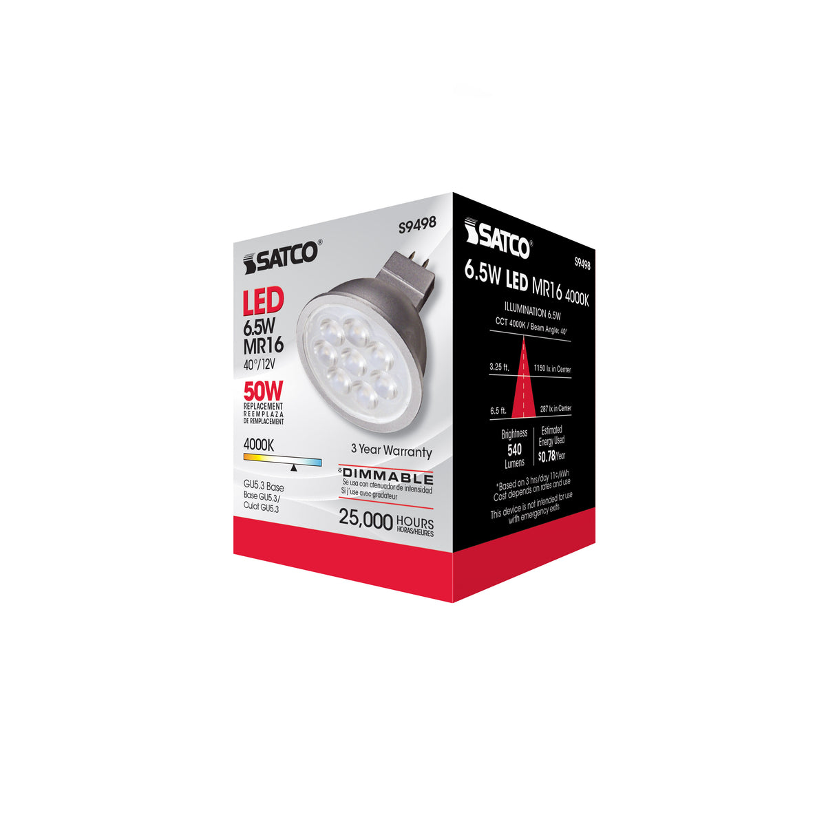 6.5 Watt - LED MR16 LED - 4000K - 40 deg. Beam Angle - GU5.3 base - 12 Volt AC/DC