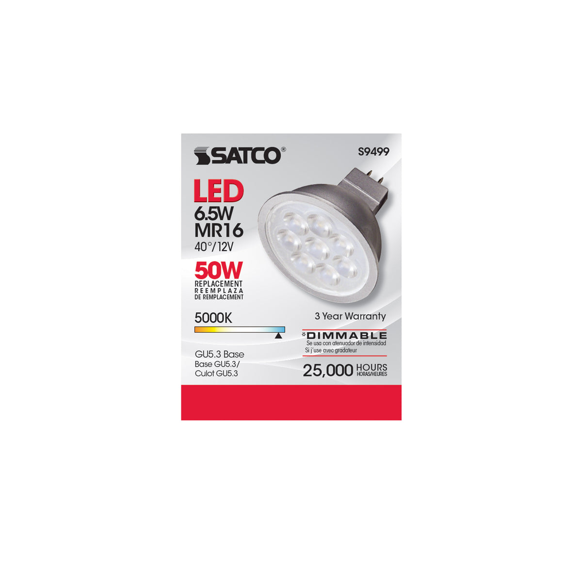 6.5 Watt - LED MR16 LED - 5000K - 40 deg. Beam Angle - GU5.3 base - 12 Volt AC/DC