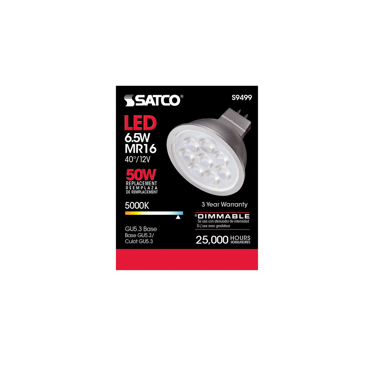 6.5 Watt - LED MR16 LED - 5000K - 40 deg. Beam Angle - GU5.3 base - 12 Volt AC/DC