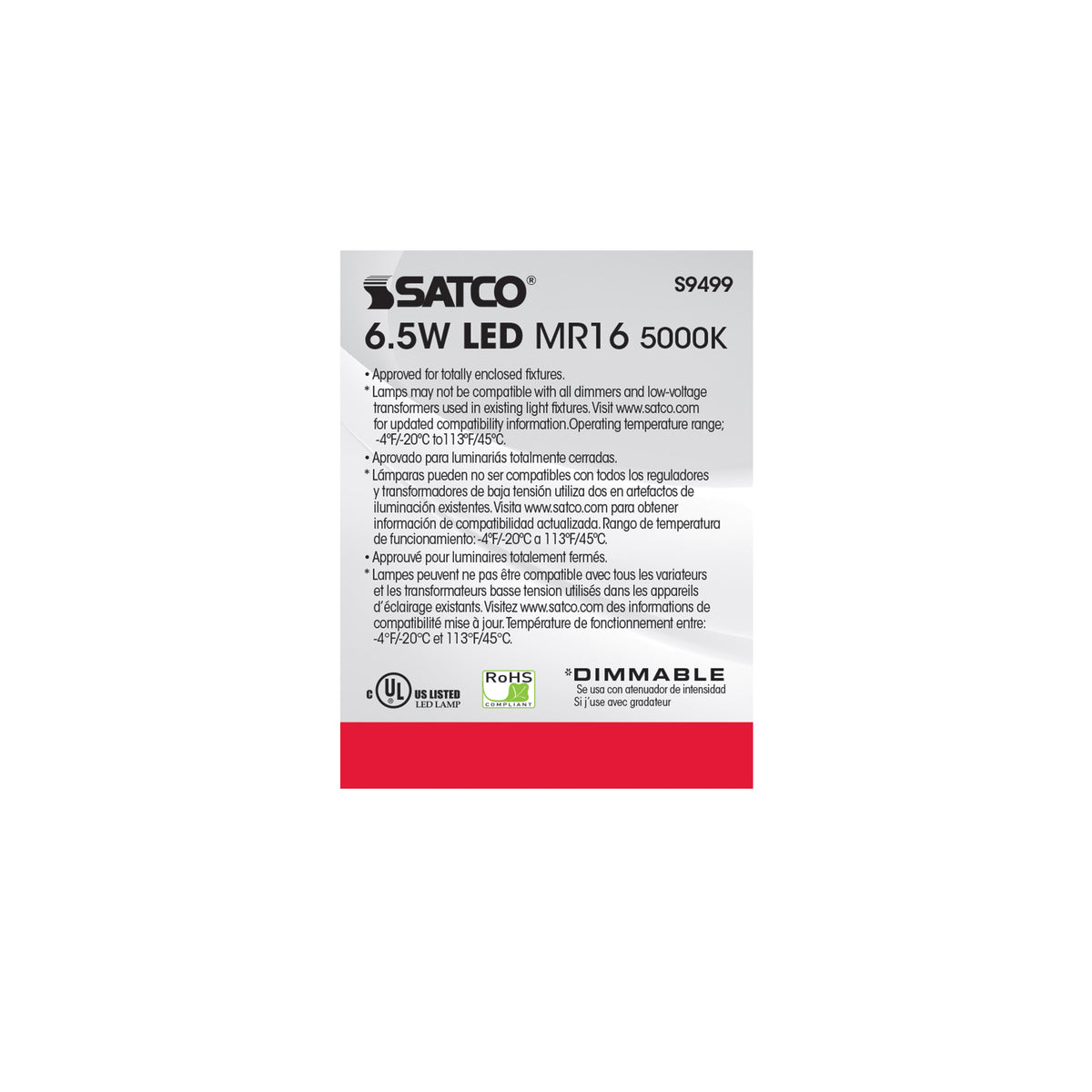 6.5 Watt - LED MR16 LED - 5000K - 40 deg. Beam Angle - GU5.3 base - 12 Volt AC/DC