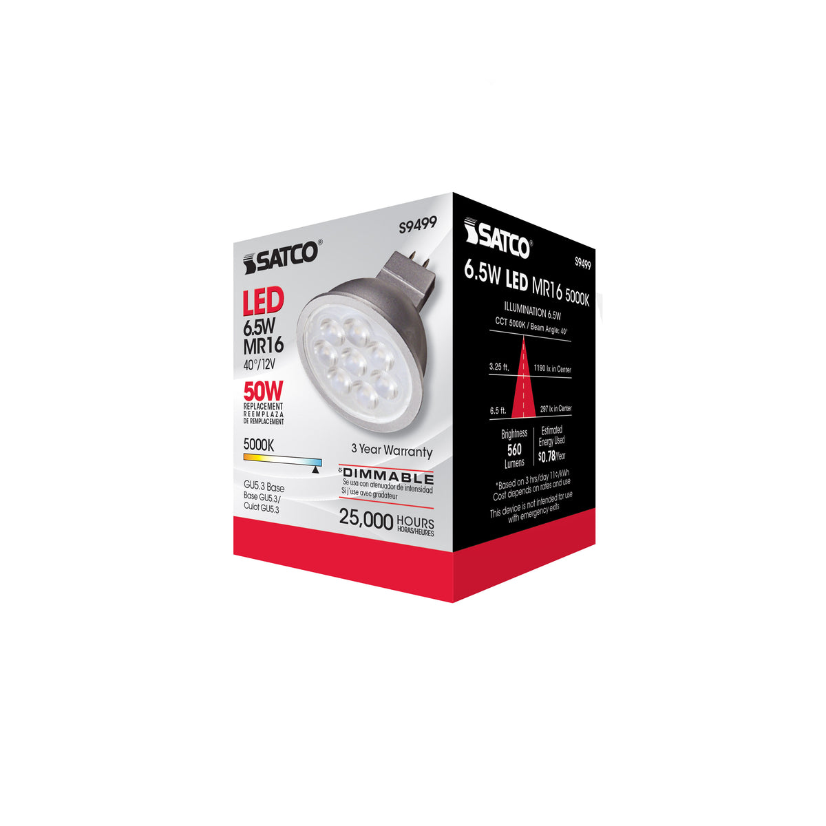 6.5 Watt - LED MR16 LED - 5000K - 40 deg. Beam Angle - GU5.3 base - 12 Volt AC/DC